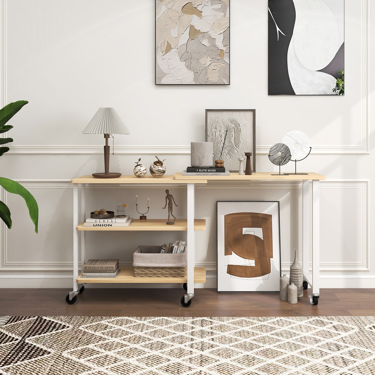 Rotating Sofa Side Table with Wheels Sliding Laptop Desk with Storage Shelves for Small Spaces